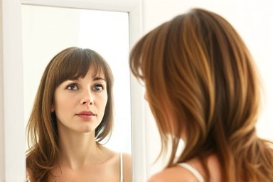Woman contemplating bangs for long face shape