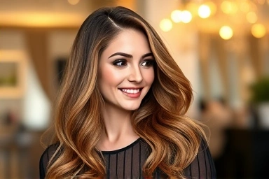 Beautiful long layered C-curl perm hair, confident woman, elegant styling