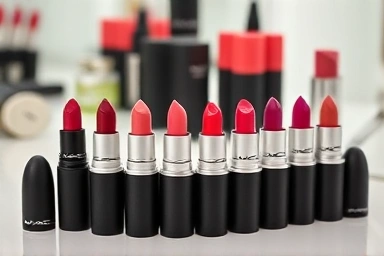 MAC lipstick collection on a vanity table.