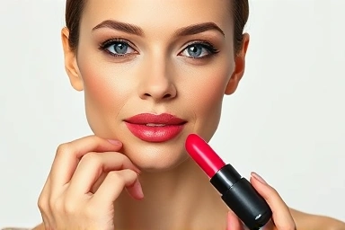 Woman confidently applying MAC lipstick.