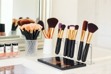 Clean makeup brushes on a vanity, hygienic beauty setup.