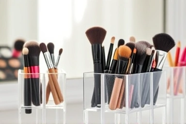 Clean makeup brushes in a dust-proof organizer on a vanity.