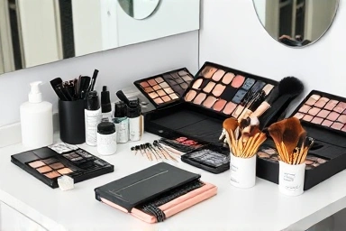 Organized makeup station with professional tools and hygiene supplies.