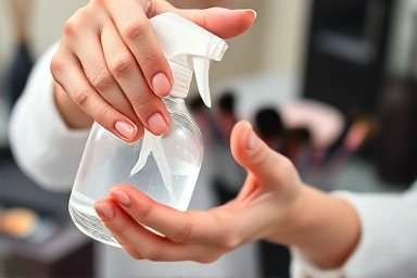 Sanitizing makeup brushes for hygiene in a professional setting.