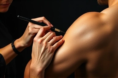 Makeup artist enhancing muscle definition for body profile