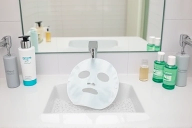 Sheet mask on a clean bathroom counter, skincare.