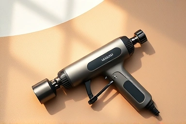 High-performance massage gun with attachments on a yoga mat.