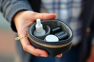 Compact travel pouch with essential grooming items.