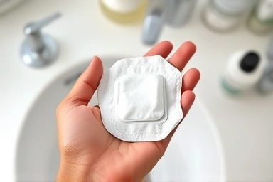 Man's hand holding gentle cleansing wipe