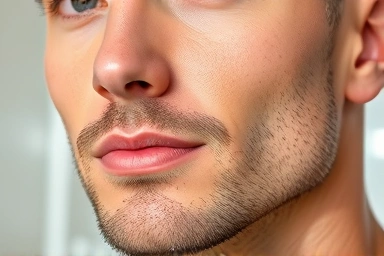 Man with clear, hydrated skin after using a sheet mask.