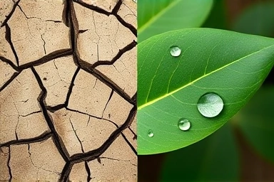 Split image: dry earth vs. dew-kissed leaf, symbolizing skin balance.