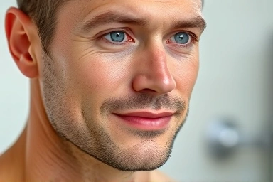 Healthy, hydrated male skin texture, close-up, soft lighting.