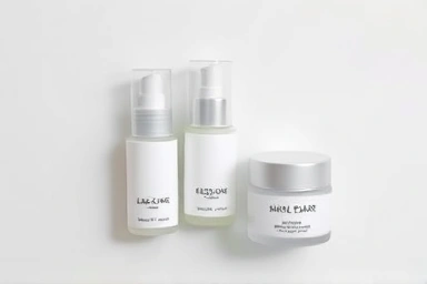 Minimalist skincare bottles for dry skin routine, clean aesthetic.