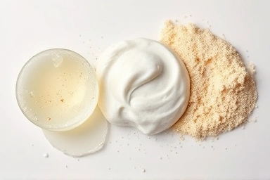 Face scrub textures, gel, cream, gritty, minimalist.