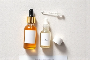Skincare products: serum, ampoule, cream, scientific ingredients