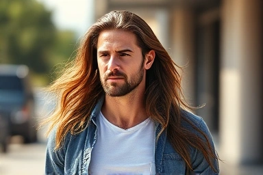 Man with stylish, healthy long hair in natural light.