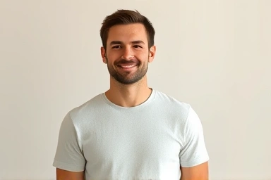 Man confidently wearing a thin t-shirt, no nipple show.