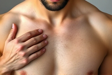 Applying discreet men's nipple cover patch for comfort.