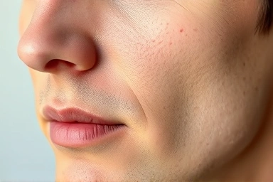 Man's cheek with smooth, pore-minimized skin.