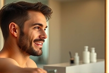 Man examining clear, healthy skin in spa mirror.