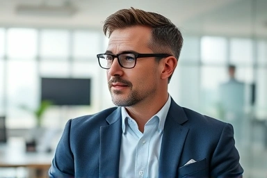 Confident man in his 40s with fresh aura in office.