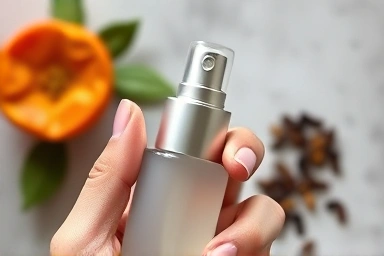 Sleek body spray bottle misting with subtle natural ingredients.