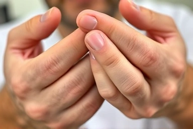 Man's hands with clean, well-maintained gel nails.