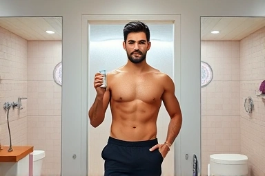 Man emerging refreshed from sauna with grooming product.