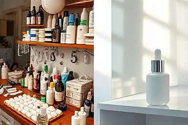 Skincare clutter vs. minimalist organization, simplified beauty
