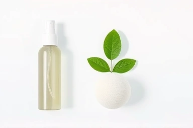 Facial mist bottle, sponge, and green leaf flat lay