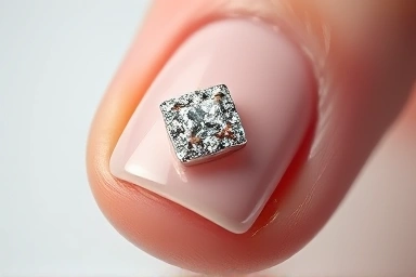 Sparkling nail charm perfectly adhered to a manicured fingernail.