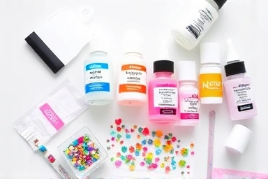 Nail art supplies: glues, charms, and rhinestones arranged artistically.