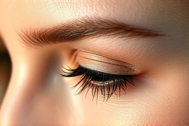 Woman's eye with natural false eyelashes, seamless blend, beauty shot