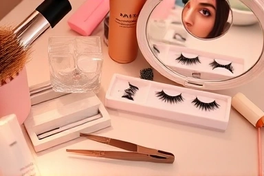 False eyelashes, beauty tools, vanity table, cosmetic products, luxury beauty