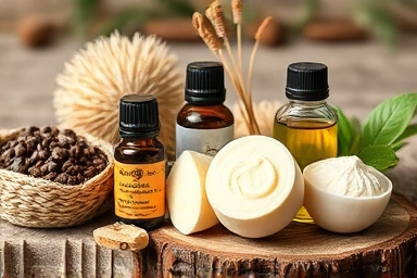 Natural skincare ingredients for DIY, arranged beautifully.
