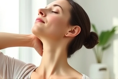 Woman doing neck stretch for smooth, youthful neck