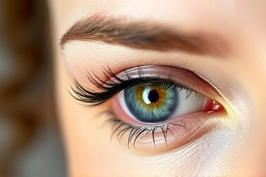 Natural-looking individual lash extensions on a woman's eye.