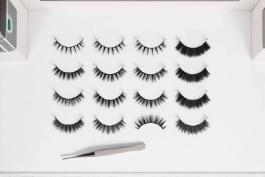No-glue individual lash extensions, tweezers, and mirror.