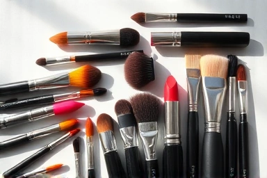 Selection of lip brushes and lipsticks for makeup application.