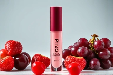 Lip gloss bottle with fresh fruits, tanghulu aesthetic