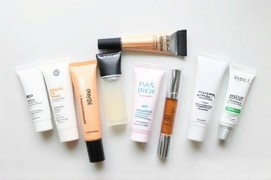 Variety of makeup primers artfully arranged for comparison.