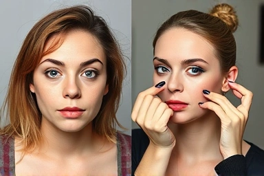 Professional makeup artist enhancing a client's face for a photo.