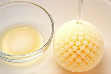 Clean makeup sponge with cleaning solution and water rinse