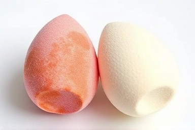 Before and after of a stained makeup sponge after cleaning