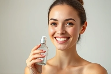 Woman with clear skin holding a cleansing product.
