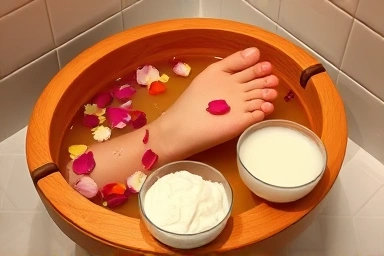 Relaxing foot care setup with bath and natural products.
