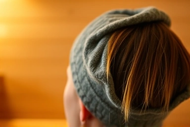 Healthy hair protected by a sauna cap in a warm sauna.