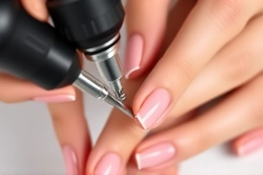 Hands safely removing gel nail polish with an electric drill.