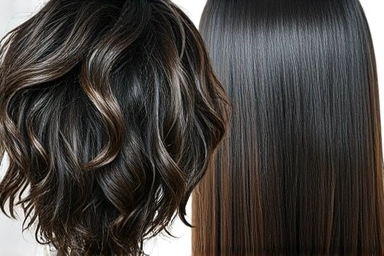 Before and after hair straightening: frizzy to sleek transformation.