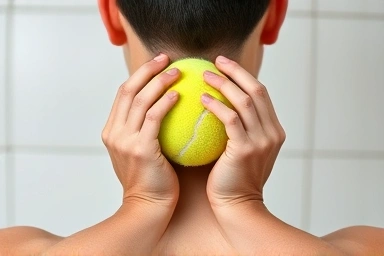 Self-massage technique for shoulder knots using a tennis ball.